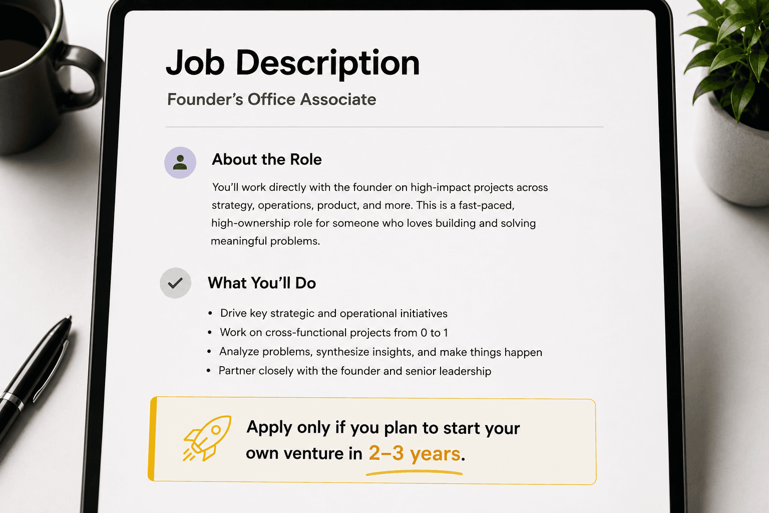 Why Most Founder's Office JDs Say "Apply Only If You're Building in 2 Years"